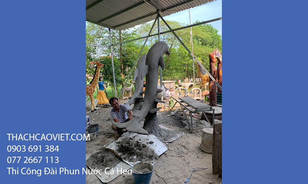trang trí sân vườn cá heo đài phun nước landscape