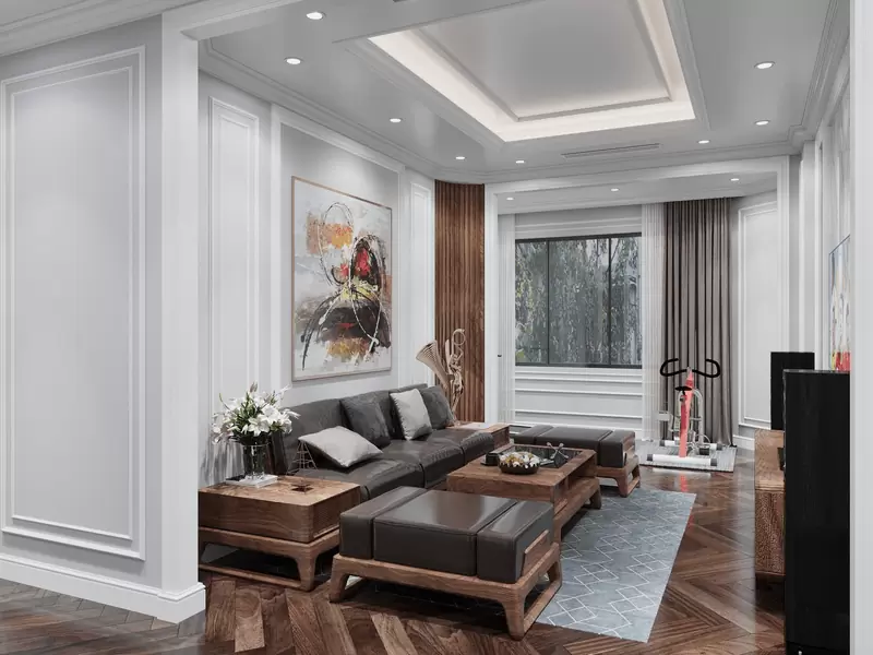 mẫu trần thạch cao phòng khách hình chữ nhật hiện đại